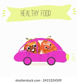 Personajes de dibujos animados con diferentes actividades. Ilustración plana vectorial, frutos divertidos. Comida orgánica.