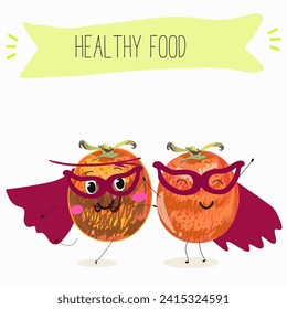 Cute  cartoon persimmon characters with different activities. Flat vector illustration, funny fruits. Organic food.