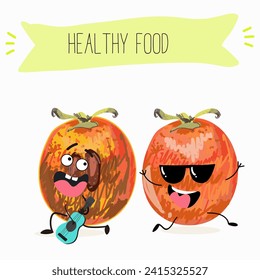 Cute  cartoon persimmon characters with different activities. Flat vector illustration, funny fruits. Organic food.