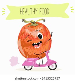 Cute  cartoon persimmon characters with different activities. Flat vector illustration, funny fruits. Organic food.