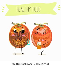 Cute  cartoon persimmon characters with different activities. Flat vector illustration, funny fruits. Organic food.