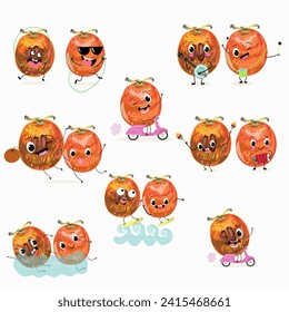 Cute cartoon persimmon characters set, collection. Flat vector illustration. Activities, playing musical instruments, sports, funny fruits, berries, berry.