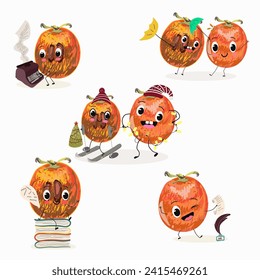 Cute cartoon persimmon characters set, collection. Flat vector illustration. Activities, playing musical instruments, sports, funny fruits, berries, berry.