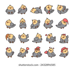 Cute cartoon pet birds. Adorable kawaii parrots characters. Cockatiel, parakeet. Hand drawn style. Vector drawing. Collection of design elements.