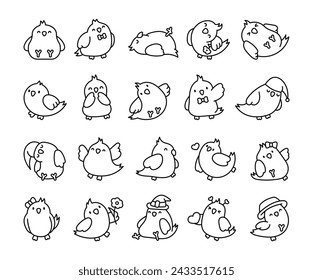 Cute cartoon pet birds. Coloring Page. Adorable kawaii parrots characters. Cockatiel, parakeet. Hand drawn style. Vector drawing. Collection of design elements.