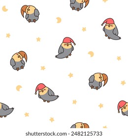 Cute cartoon pet birds. Seamless pattern. Adorable kawaii parrots characters. Cockatiel, parakeet. Hand drawn style. Vector drawing. Design ornaments.