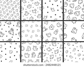 Cute cartoon pet birds. Seamless pattern. Coloring Page. Adorable kawaii parrots characters. Cockatiel, parakeet. Hand drawn style. Vector drawing. Collection of design ornaments.