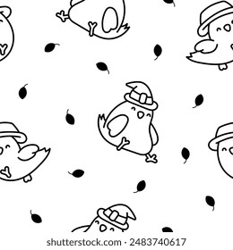 Cute cartoon pet birds. Seamless pattern. Coloring Page. Adorable kawaii parrots characters. Cockatiel, parakeet. Hand drawn style. 