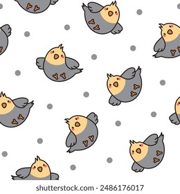 Cute cartoon pet birds. Seamless pattern. Adorable kawaii parrots characters. Cockatiel, parakeet. Hand drawn style. Vector drawing. Design ornaments.