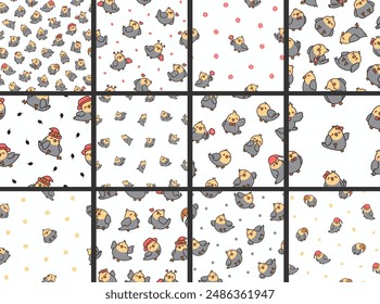 Cute cartoon pet birds. Seamless pattern. Adorable kawaii parrots characters. Cockatiel, parakeet. Hand drawn style. Vector drawing. Collection of design ornaments.