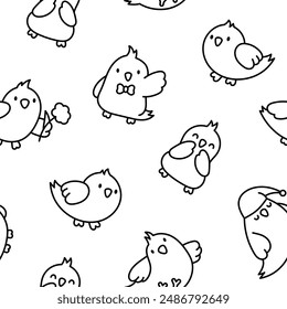 Cute cartoon pet birds. Seamless pattern. Coloring Page. Adorable kawaii parrots characters. Cockatiel, parakeet. Hand drawn style. Vector drawing. Design ornaments.