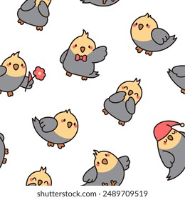 Cute cartoon pet birds. Seamless pattern. Adorable kawaii parrots characters. Cockatiel, parakeet. Hand drawn style. Vector drawing. Design ornaments.