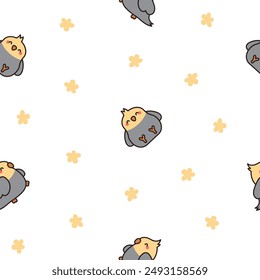 Cute cartoon pet birds. Seamless pattern. Adorable kawaii parrots characters. Cockatiel, parakeet. Hand drawn style. Vector drawing. Design ornaments.