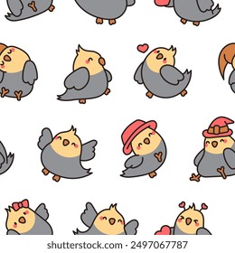 Cute cartoon pet birds. Seamless pattern. Adorable kawaii parrots characters. Cockatiel, parakeet. Hand drawn style. Vector drawing. Design ornaments.