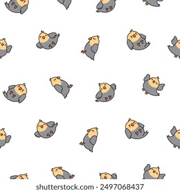 Cute cartoon pet birds. Seamless pattern. Adorable kawaii parrots characters. Cockatiel, parakeet. Hand drawn style. Vector drawing. Design ornaments.