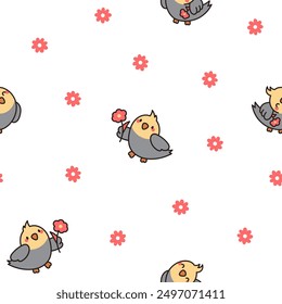 Cute cartoon pet birds. Seamless pattern. Adorable kawaii parrots characters. Cockatiel, parakeet. Hand drawn style. Vector drawing. Design ornaments.