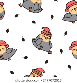 Cute cartoon pet birds. Seamless pattern. Adorable kawaii parrots characters. Cockatiel, parakeet. Hand drawn style. Vector drawing. Design ornaments.