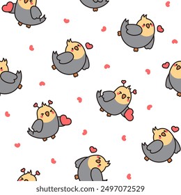 Cute cartoon pet birds. Seamless pattern. Adorable kawaii parrots characters. Cockatiel, parakeet. Hand drawn style. Vector drawing. Design ornaments.