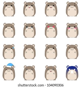 Cute cartoon pet hamster mouse and guinea pig animal in various action and emotional expression icons set in Japanese manga style (vector)