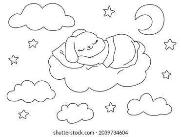 Cute cartoon pet rabbit sleeping in the clouds. Coloring book animal bunny in space with stars, moon.