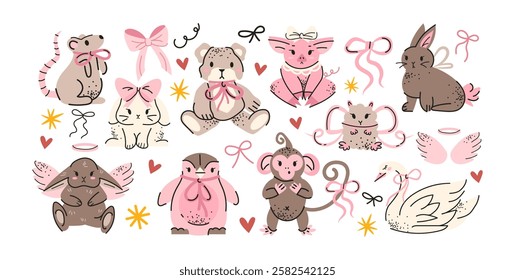 Cute cartoon pets with bows. Pink animal stickers for postcards: swan, hare, mouse, monkey. Cute characters in retro doodle coquette style