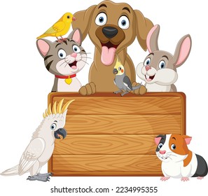 Cute cartoon pets collection with blank board sign