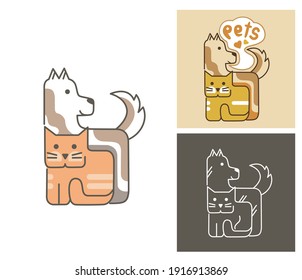 Cute cartoon pets. Dog and cat simple design logo. Veterinary clinic color logo tamplate. Isolated vector illustration.