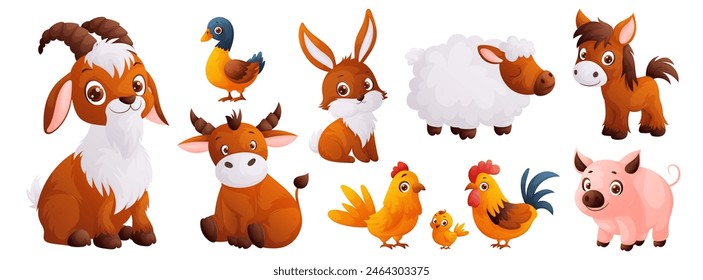 Animales de dibujos animados lindos - cabra, pato, conejo, oveja, poni, ternero, gallo con gallina y cerdo - ilustración perfecta para niños libros