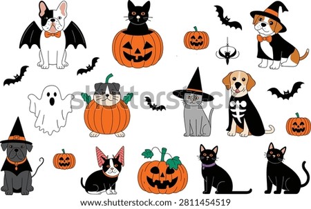 Cute cartoon pets including dogs and cats dressed in various Halloween costumes like witches, skeletons, and devils, alongside pumpkins and bats.