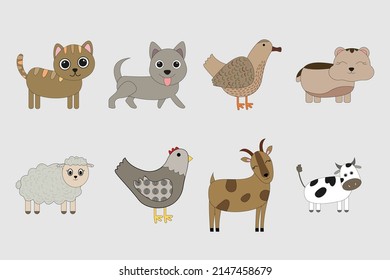 Cute cartoon pets. Set of dog, cat, cow, sheep, chicken, duck, goat, hamster