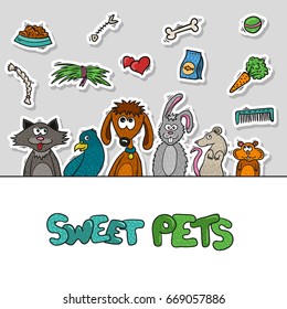 Cute cartoon pets and toys - vector illustration for design