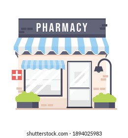 Cute cartoon Pharmacy store  facade detailed vector illustration. Drugstore house Isolated on white background. Building exterior 