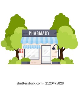 Cute cartoon Pharmacy store facade with trees and shrubs. Vector illustration. Drugstore house located on the street. Isolated on white background. Small building exterior