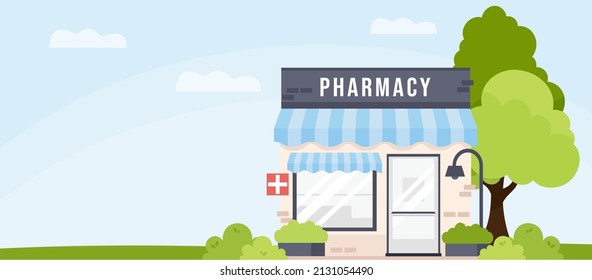 Cute cartoon Pharmacy store facade with trees and shrubs. Sunny day, blue sky, clouds. Vector illustration. Drugstore house located on the street. Isolated on white background. Small building exterior