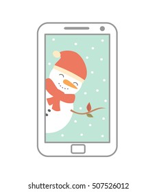 cute cartoon phone with snowman vector christmas illustration

