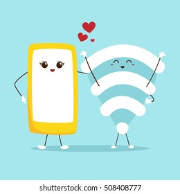Cute cartoon phone and Wifi. Technology concept. Flat design modern vector illustration concept.