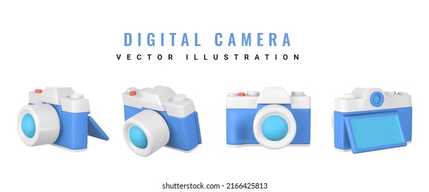 Cute cartoon photo camera. Realistic 3d camera. Summertime object. Vector illustration.