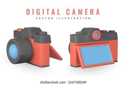 Cute Cartoon Photo Camera. Realistic 3d Camera. Summertime Object. Vector Illustration.