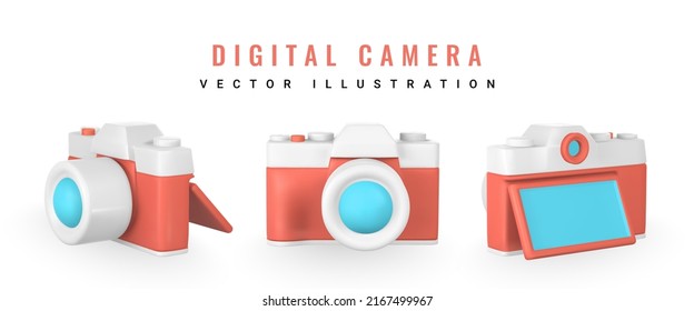 Cute cartoon photo camera. Realistic 3d camera. Summertime object. Vector illustration.