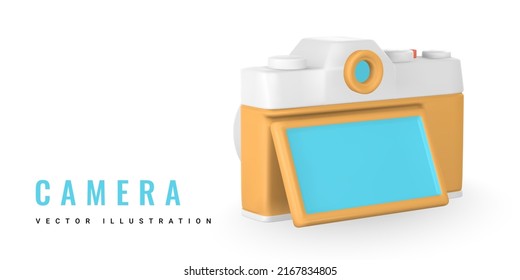 Cute cartoon photo camera. Realistic 3d camera. Summertime object. Vector illustration.