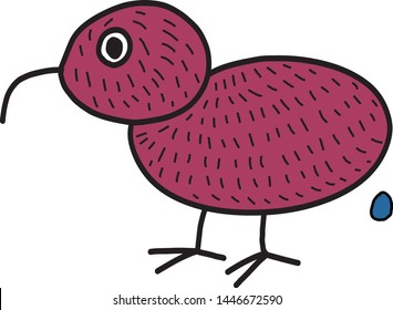 Cute Cartoon Picture Of A Purple Big-eye Kiwi Bird Laying A Blue Egg, Doodle Style