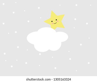 cute cartoon picture white cloud and yellow star on a light gray background with white stars