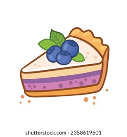 Cute cartoon pie slice. Piece of berry cake isolated vector illustration. Traditional American baked dessert with blueberry.