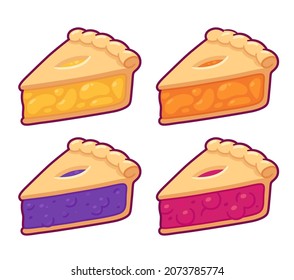 Cute cartoon pie slice set. Cherry, blueberry, apple and peach pie drawing. Hand drawn traditional American homemade dessert. Isolated vector illustration.