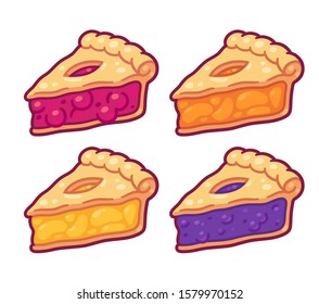 Cute cartoon pie slices set. Cherry, bleuberry, apple and peach pie drawing. Hand drawn slice of traditional American baked dessert. Isolated vector illustration.