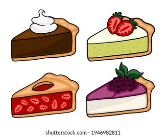 Cute cartoon pie slices set. Cherry, bleuberry, apple and peach pie drawing. Isolated vector illustration.