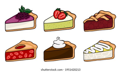 Cute cartoon pie slices set. Layered sponge cakes with fruit and chocolate, cheesecake, pie.