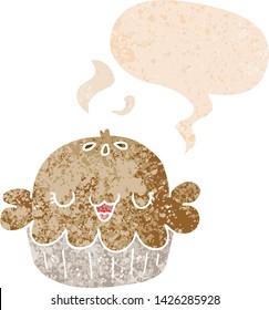 cute cartoon pie with speech bubble in grunge distressed retro textured style