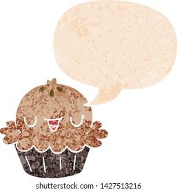 cute cartoon pie with speech bubble in grunge distressed retro textured style