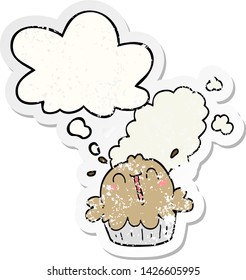 cute cartoon pie with thought bubble as a distressed worn sticker